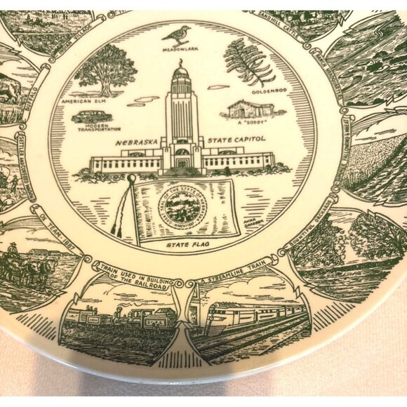 Nebraska Souvenir Plate Green Print State Capitol Vtg 10” Kettlesprings 1564S - Picture 4 of 7